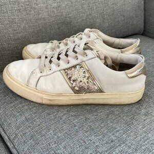 GC Tory Burch White Leather Sequins Detail Low Top Casual Lace Up Sneaker Sz 9